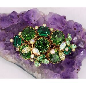 Mid-Century Hobé Green Glass Aurora Borealis Cluster Brooch